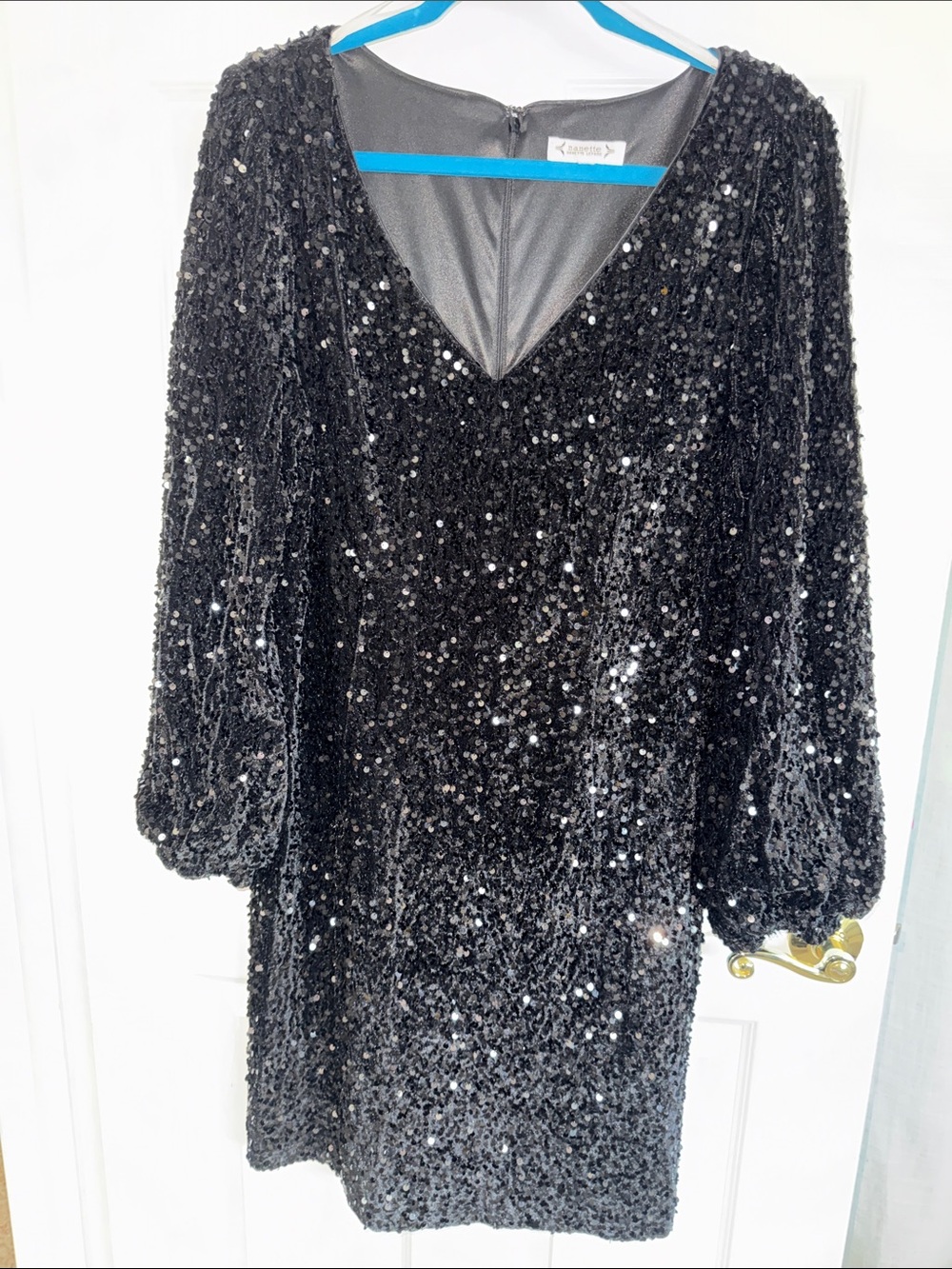Nanette Lepore Velvet Black Sequin with Balloon Sleeve V-Neck Dress XL